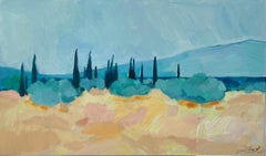 Pintura al Óleo Original de Paisaje Mediterráneo con Cipreses