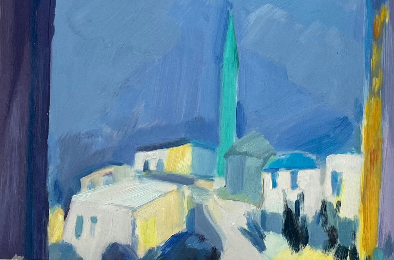 Título: Pintura al óleo original de paisaje urbano mediterráneo enmarcado por una ventana

Artista: Roland Pichard

Firmado: Abajo a la derecha

Técnica: Óleo sobre papel al óleo, montado sobre cartulina

Tamaño: 9,5 (alto) x 13 (ancho), (Incluido
