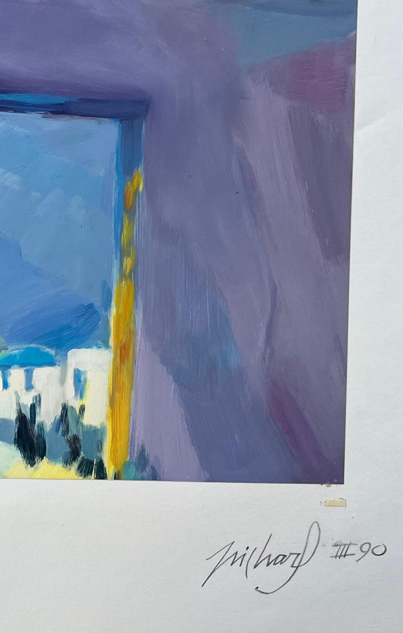 Pintura al óleo original de Paisaje urbano mediterráneo enmarcado por una ventana en venta 1