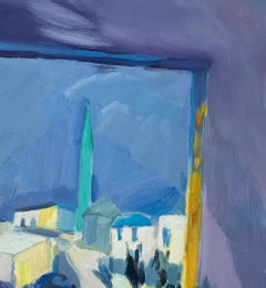 Original Oil Painting of Mediterranean Townscape Framed by a Window