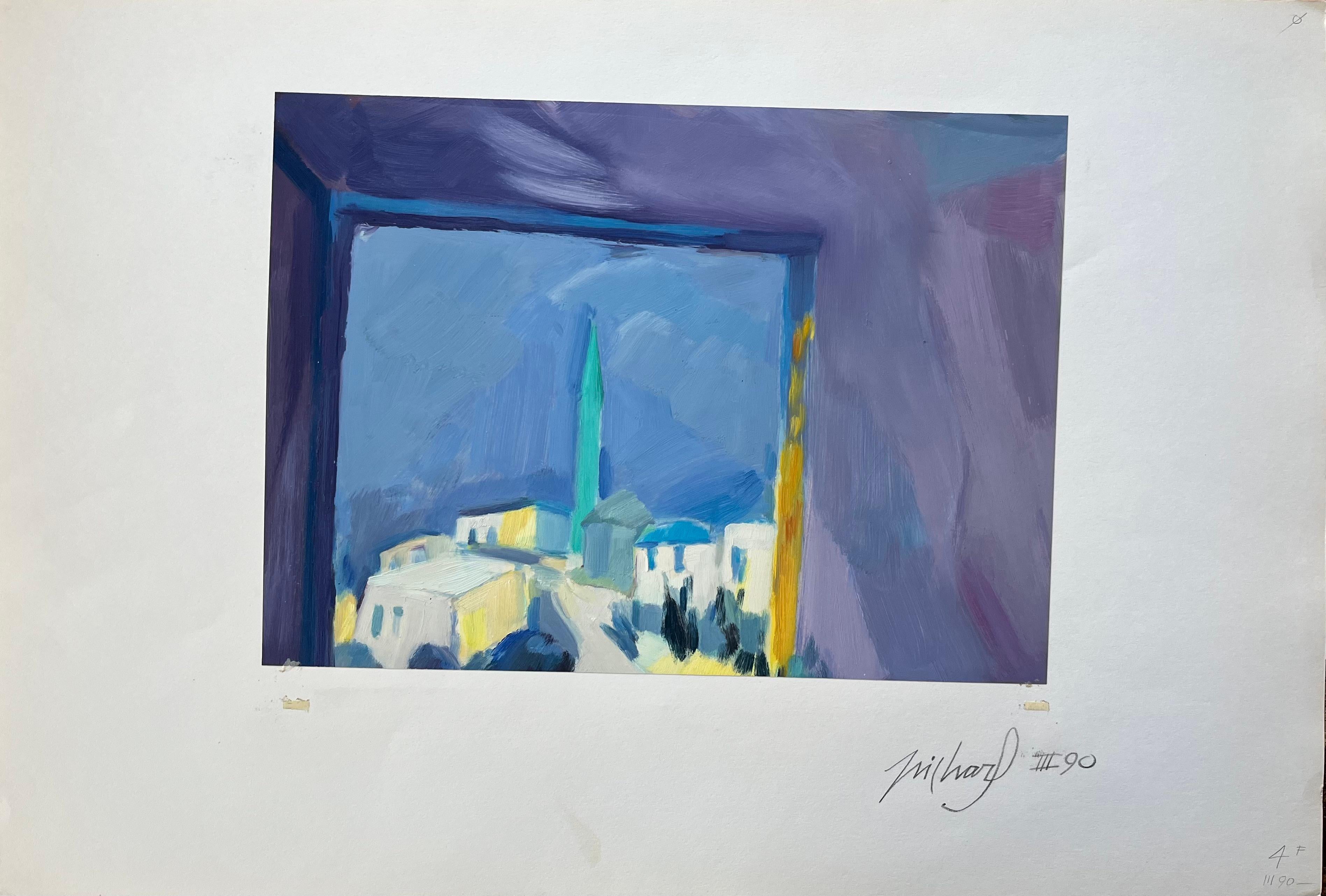 Pintura al óleo original de Paisaje urbano mediterráneo enmarcado por una ventana - Painting Posimpresionista de Roland Pichard