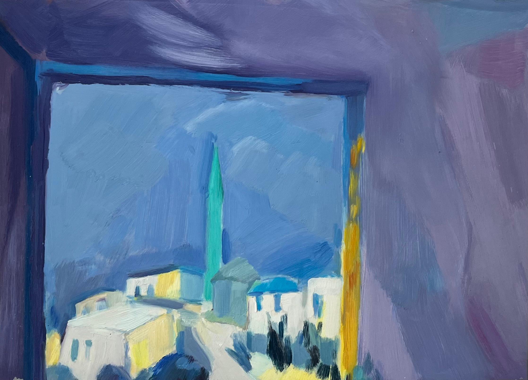 Abstract Painting de Roland Pichard - Pintura al óleo original de Paisaje urbano mediterráneo enmarcado por una ventana
