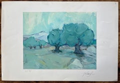 Original Oil Painting of Olive Trees in a Serene Landscape with Distant Hills