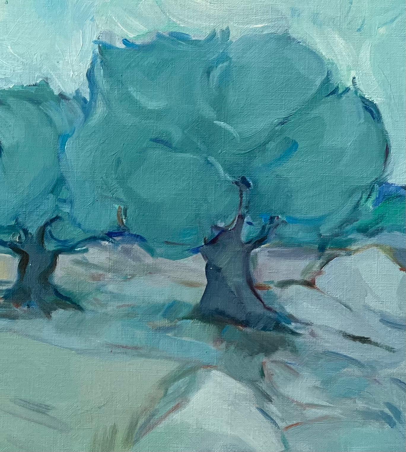 Title: Original Oil Painting of Olive Trees in a Serene Landscape with Distant Hills

Artist: Roland Pichard

Signed: Bottom right

Medium: Oil on oil paper, mounted on card

Size: 10.75 (height) x 13.75 (width), (Including mounting: 15 (height) x