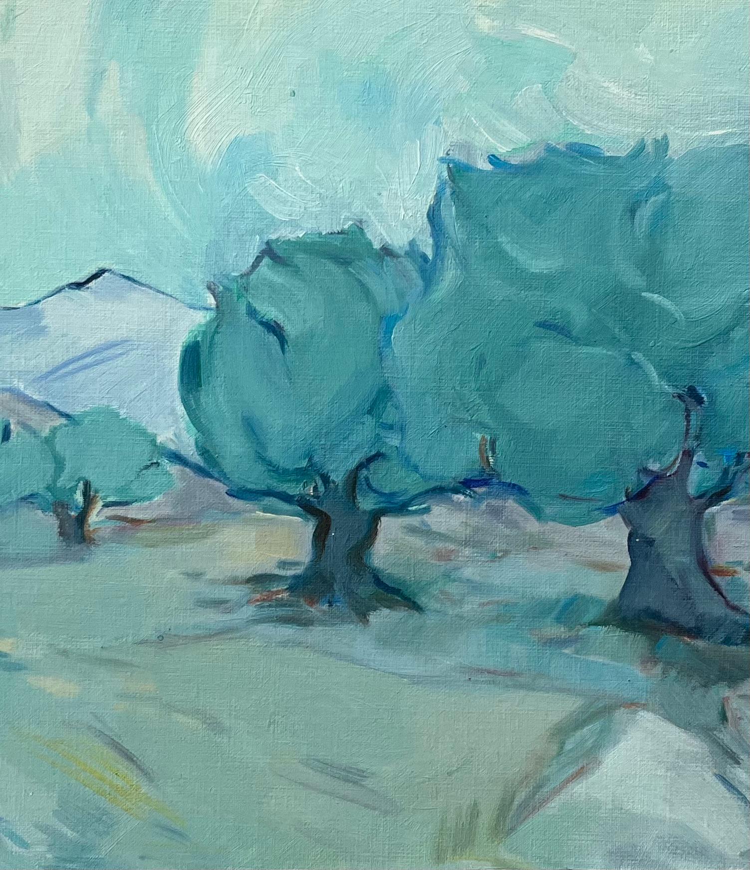 Original Oil Painting of Olive Trees in a Serene Landscape with Distant Hills For Sale 1