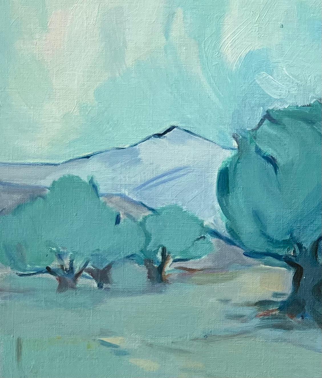 Original Oil Painting of Olive Trees in a Serene Landscape with Distant Hills For Sale 2