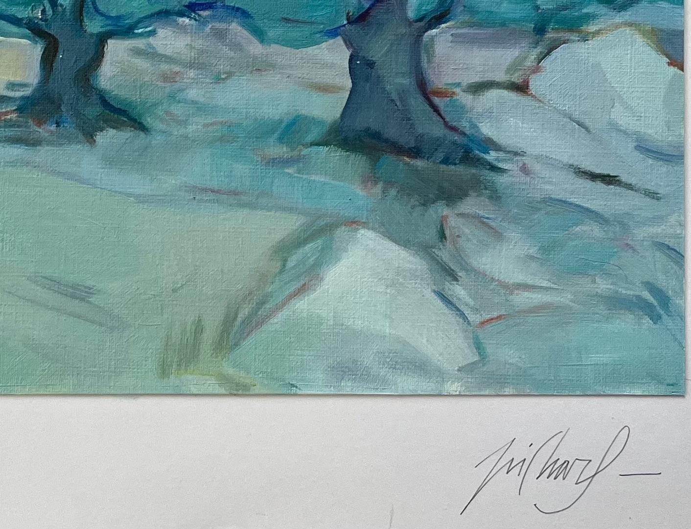 Original Oil Painting of Olive Trees in a Serene Landscape with Distant Hills For Sale 3