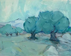 Pintura al óleo original de Olivos en un paisaje sereno con colinas lejanas