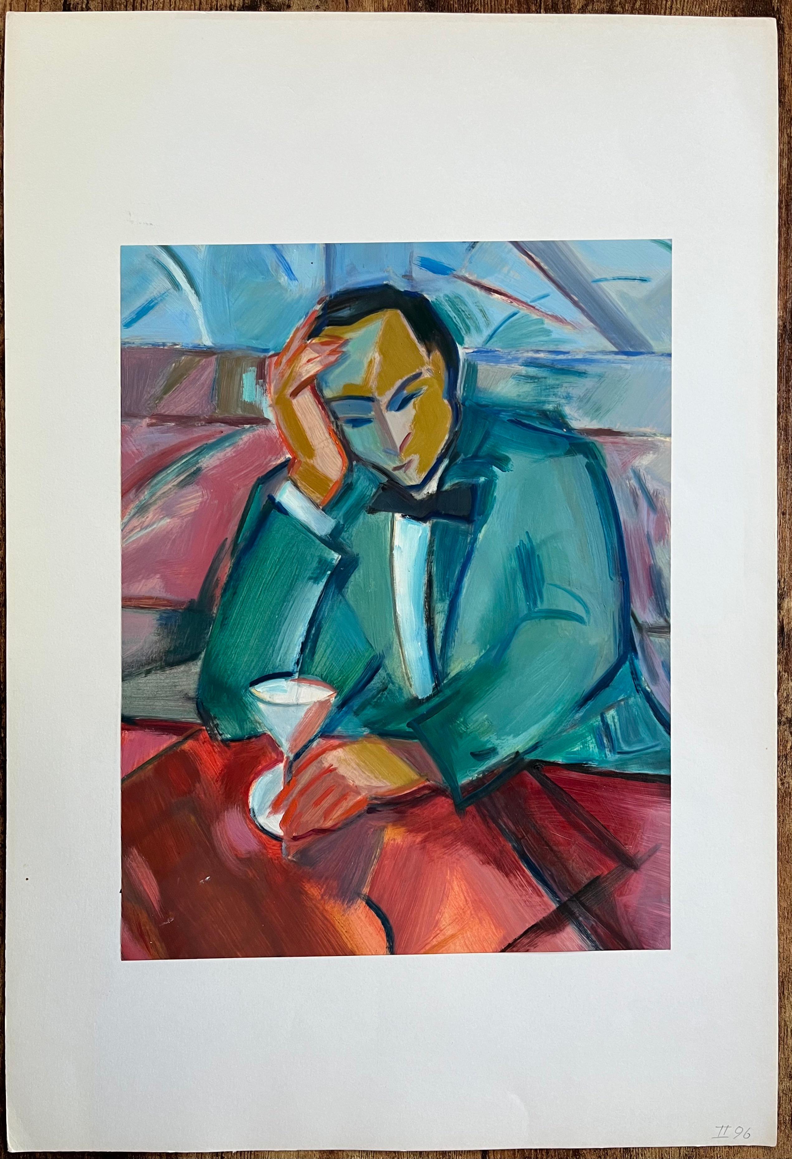 Pintura al óleo original de caballero reflexivo en esmoquin con una copa de Martini - Painting de Roland Pichard