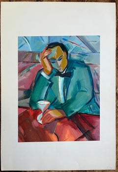 Original Oil Painting of Reflective Gentleman in Tuxedo with a Martini Glass