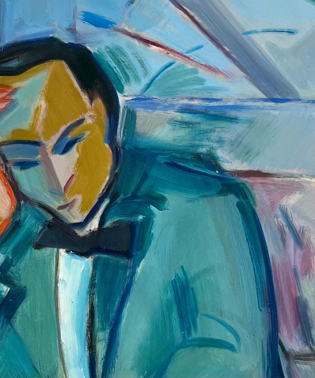 Pintura al óleo original de caballero reflexivo en esmoquin con una copa de Martini - Abstract Painting Gris de Roland Pichard
