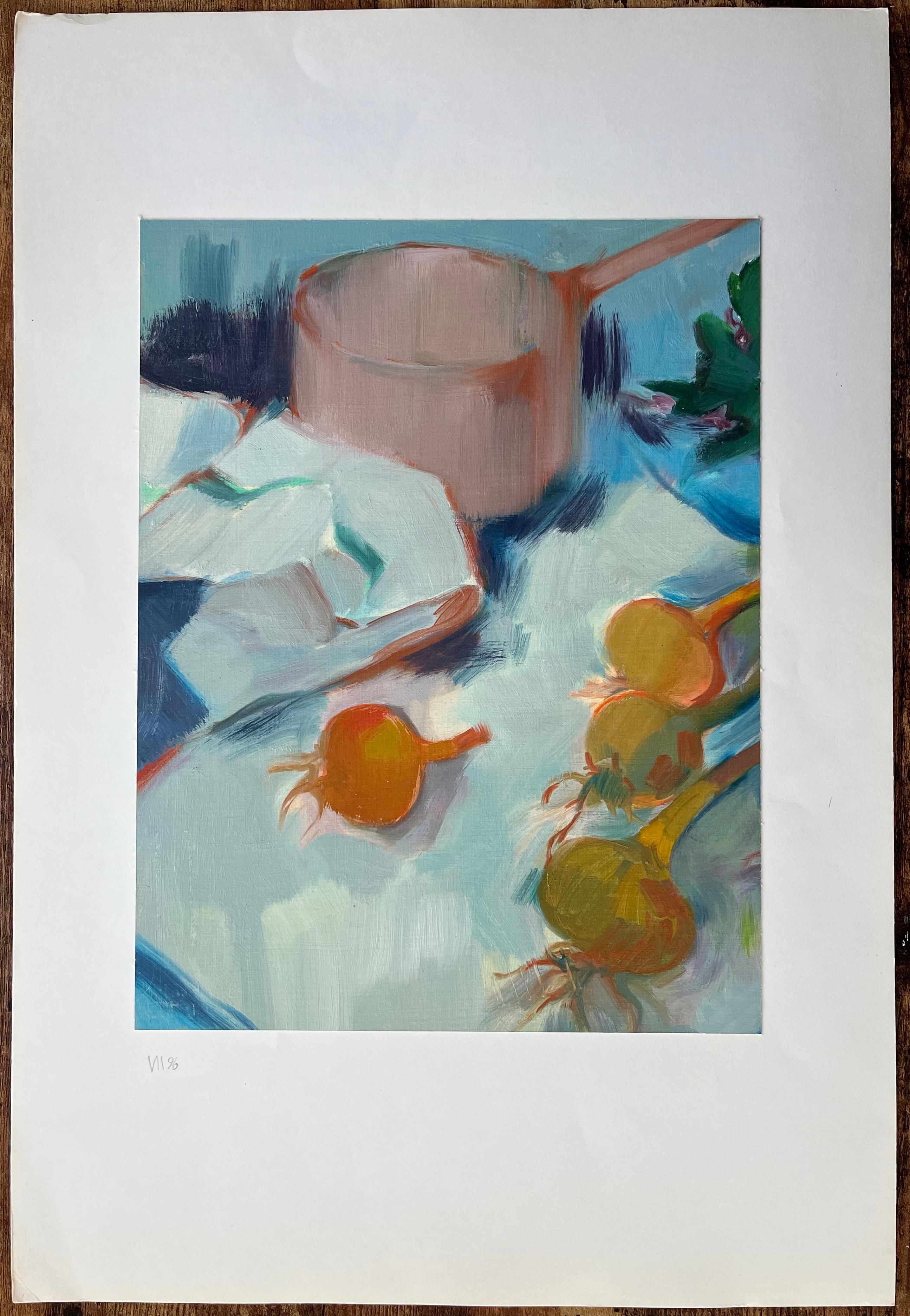Pittura a olio originale di scena di cucina rustica con pentola di rame e cipolle - Painting di Roland Pichard