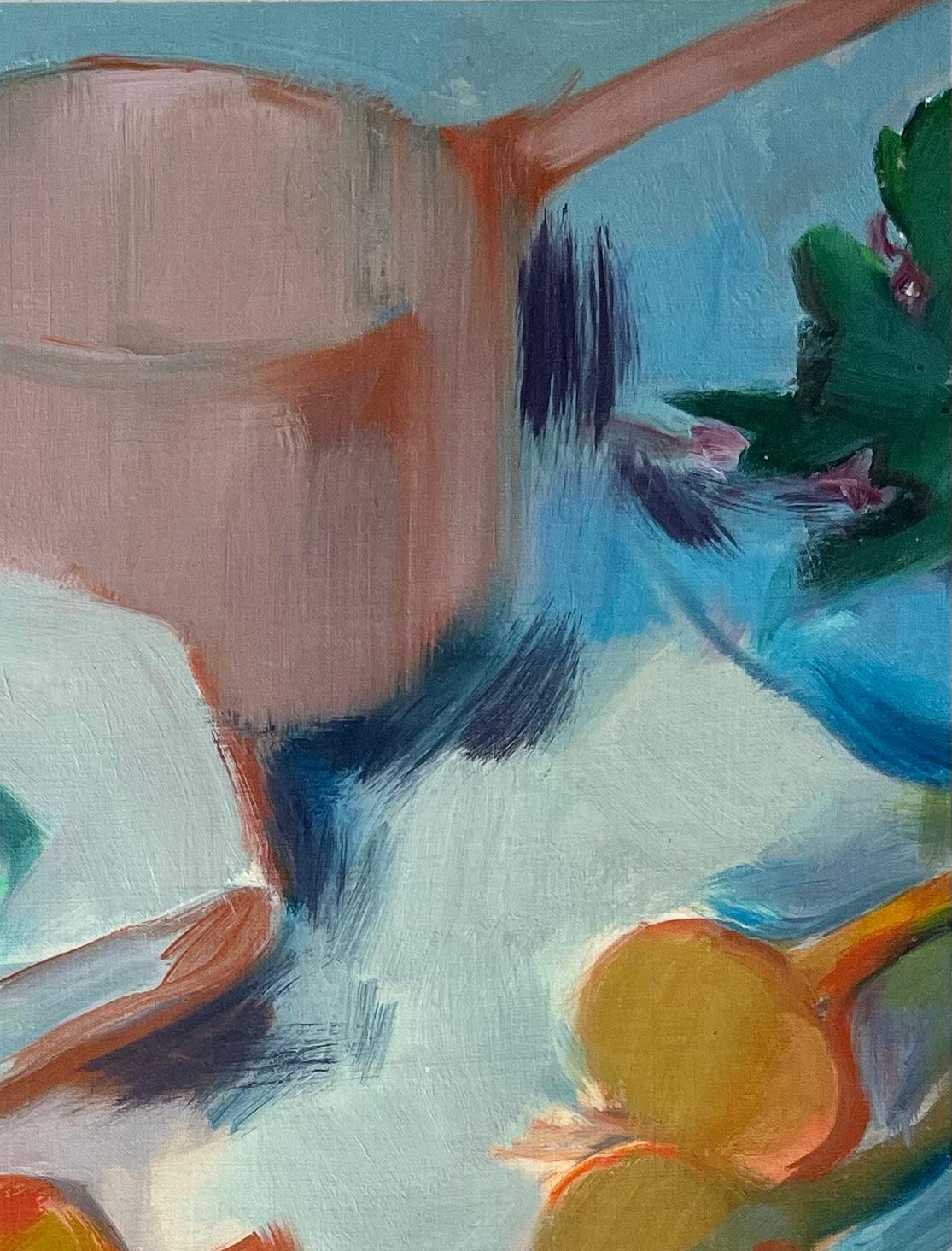 Pittura a olio originale di scena di cucina rustica con pentola di rame e cipolle in vendita 1