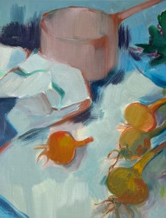 Pittura a olio originale di scena di cucina rustica con pentola di rame e cipolle