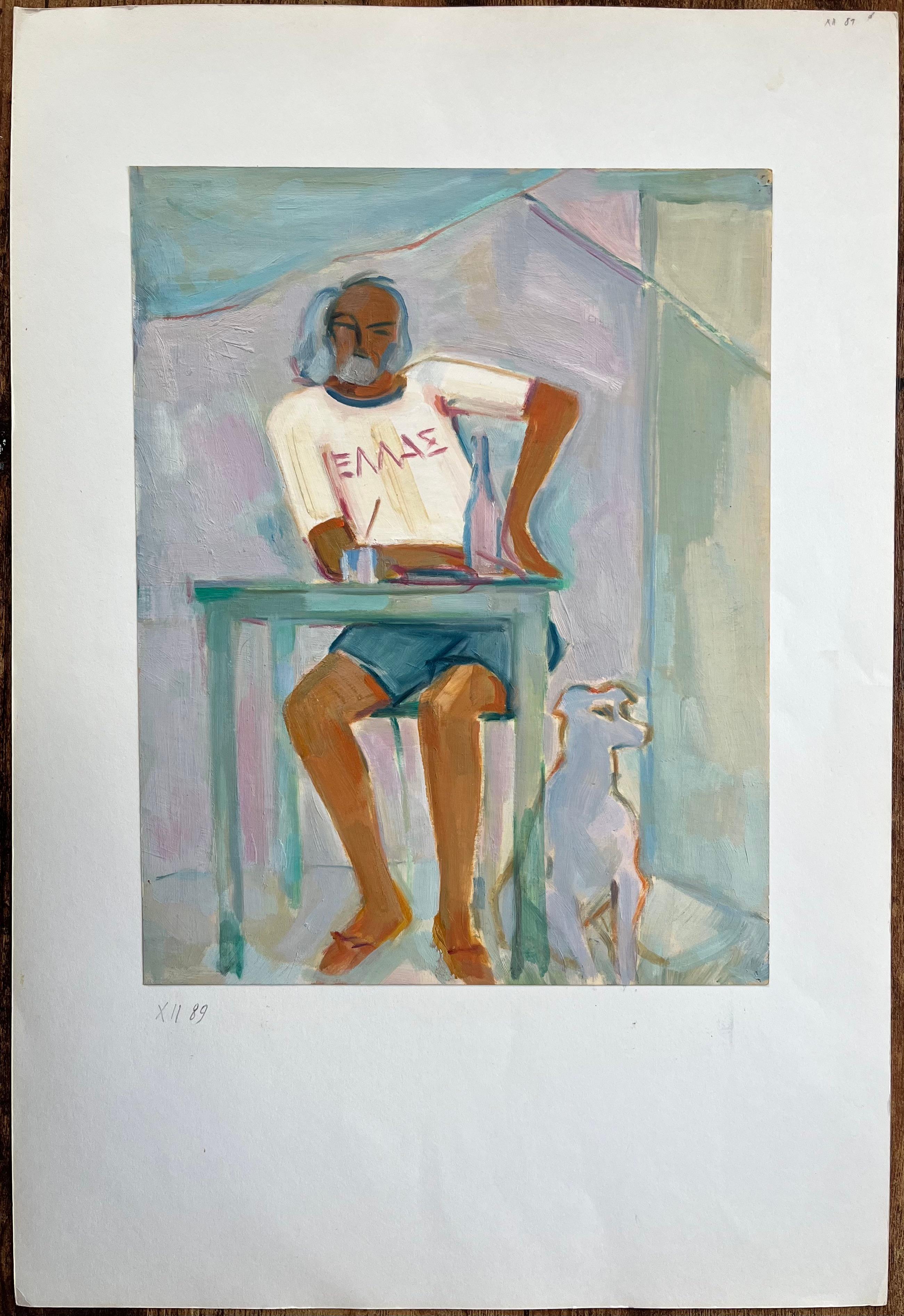 Peinture à l'huile originale d'un homme assis à une table avec un chien à ses côtés - Post-impressionnisme Painting par Roland Pichard
