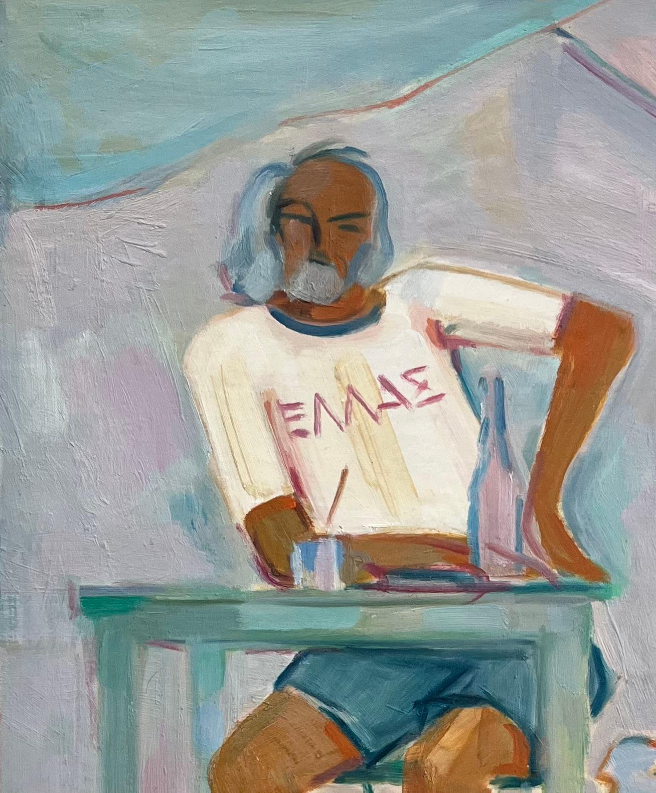 Peinture à l'huile originale d'un homme assis à une table avec un chien à ses côtés - Gris Figurative Painting par Roland Pichard