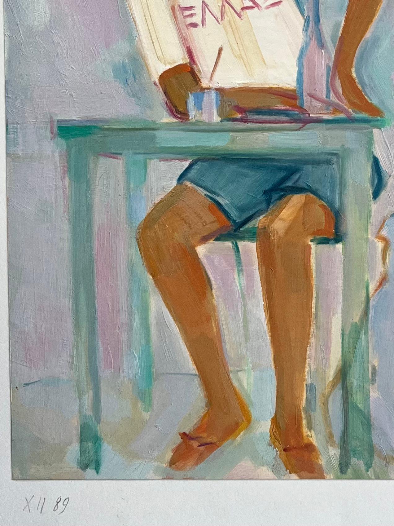 Titre : Peinture à l'huile originale d'un homme assis à une table avec un chien à ses côtés

Artistics : Roland Pichard

Signé : Verso

Support : Huile sur papier huilé, monté sur carton

Dimensions : 13,75 (hauteur) x 10,75 (largeur), (montage