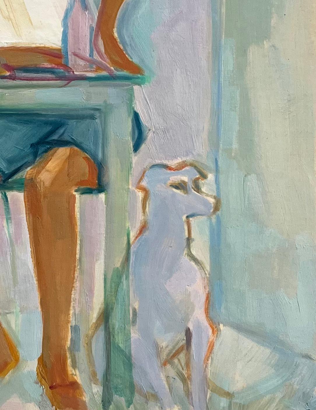 Peinture à l'huile originale d'un homme assis à une table avec un chien à ses côtés en vente 1