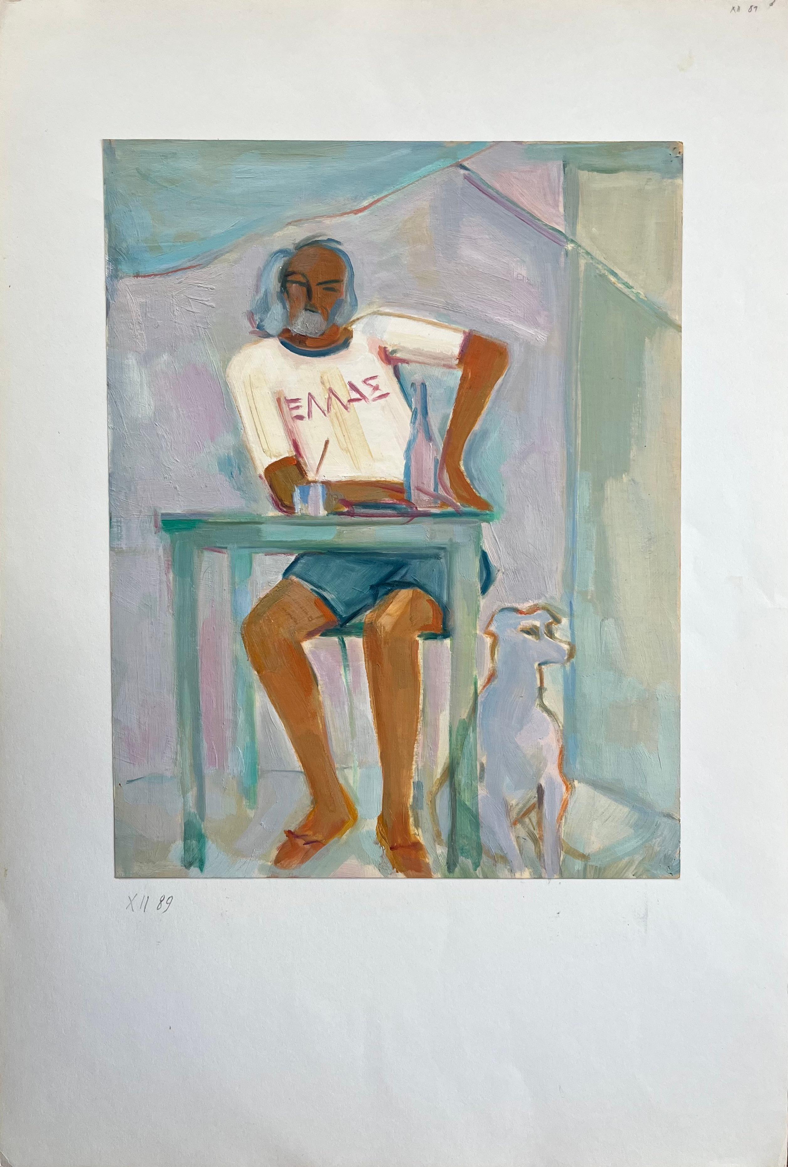 Peinture à l'huile originale d'un homme assis à une table avec un chien à ses côtés - Painting de Roland Pichard
