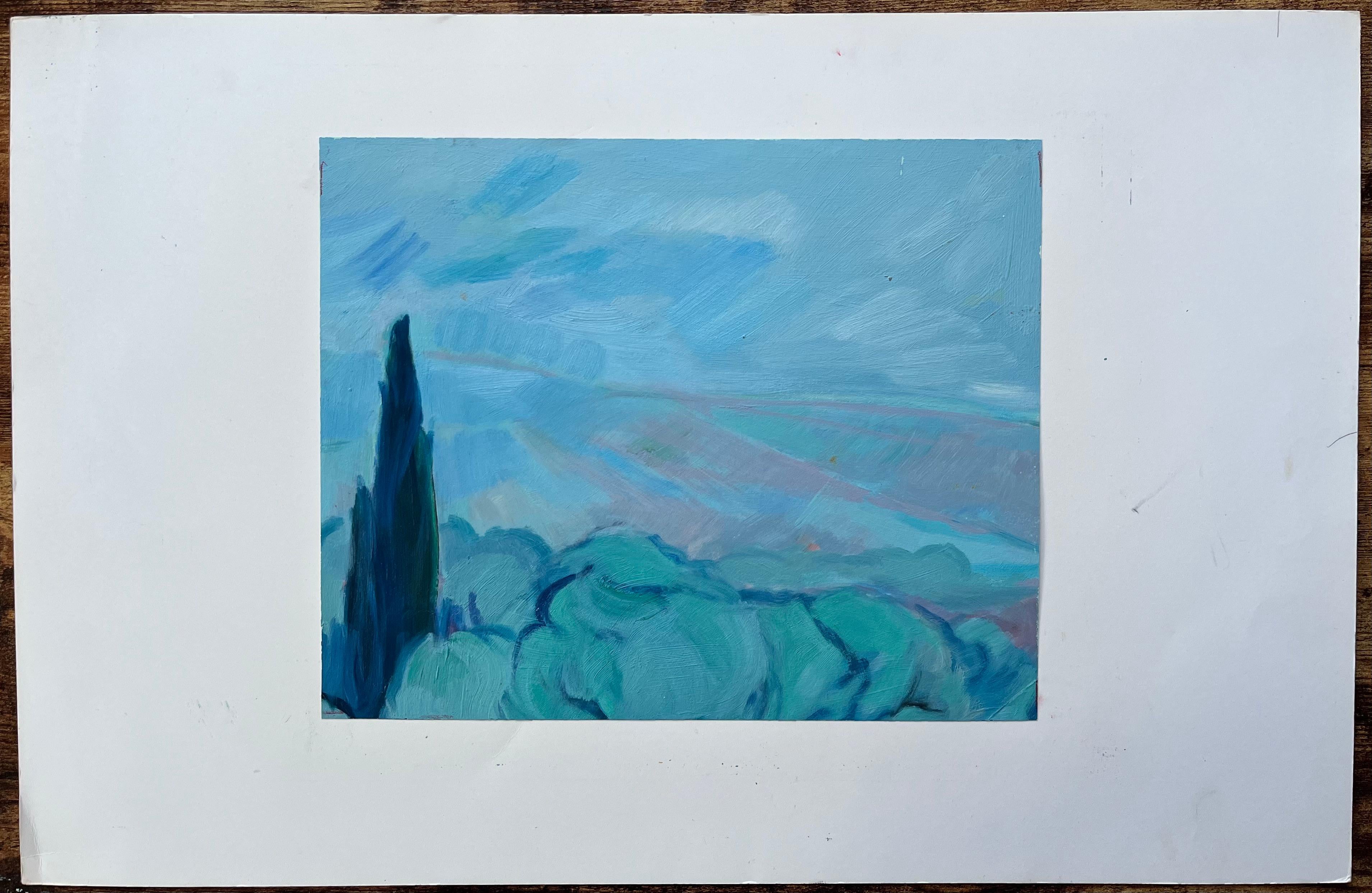 Pintura al óleo original de Paisaje sereno con ciprés y colinas ondulantes - Painting Posimpresionista de Roland Pichard