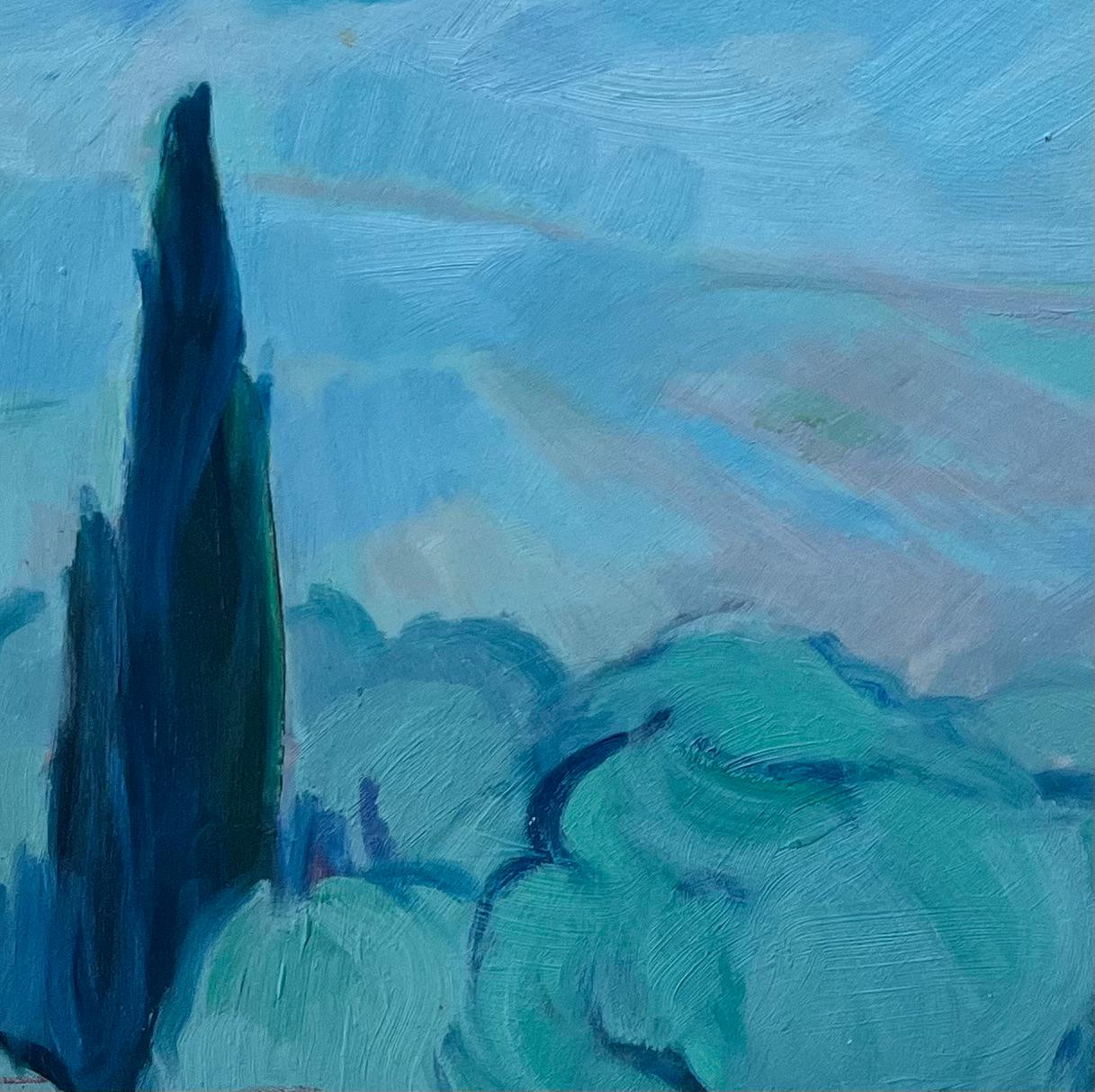 Pintura al óleo original de Paisaje sereno con ciprés y colinas ondulantes - Abstract Painting Azul de Roland Pichard