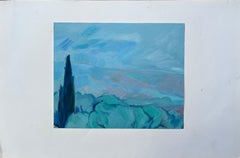 Original Oil Painting of Serene Landscape with Cypress Tree and Rolling Hills