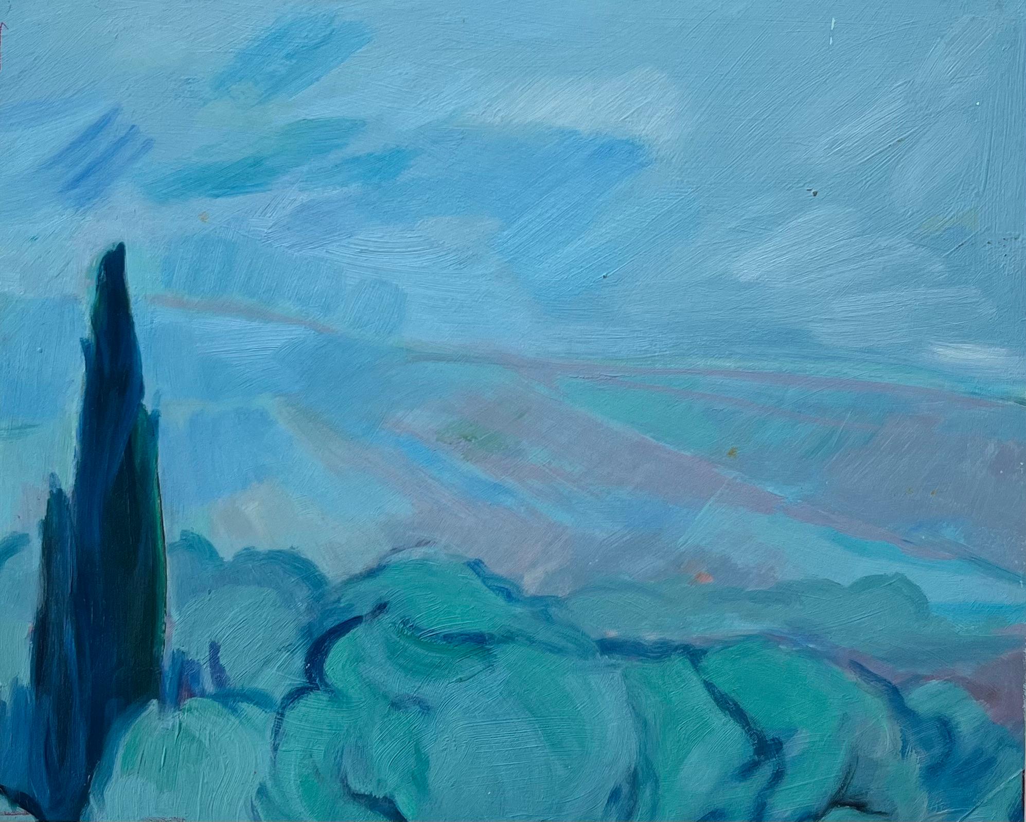 Abstract Painting de Roland Pichard - Pintura al óleo original de Paisaje sereno con ciprés y colinas ondulantes