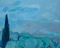 Original Oil Painting of Serene Landscape with Cypress Tree and Rolling Hills