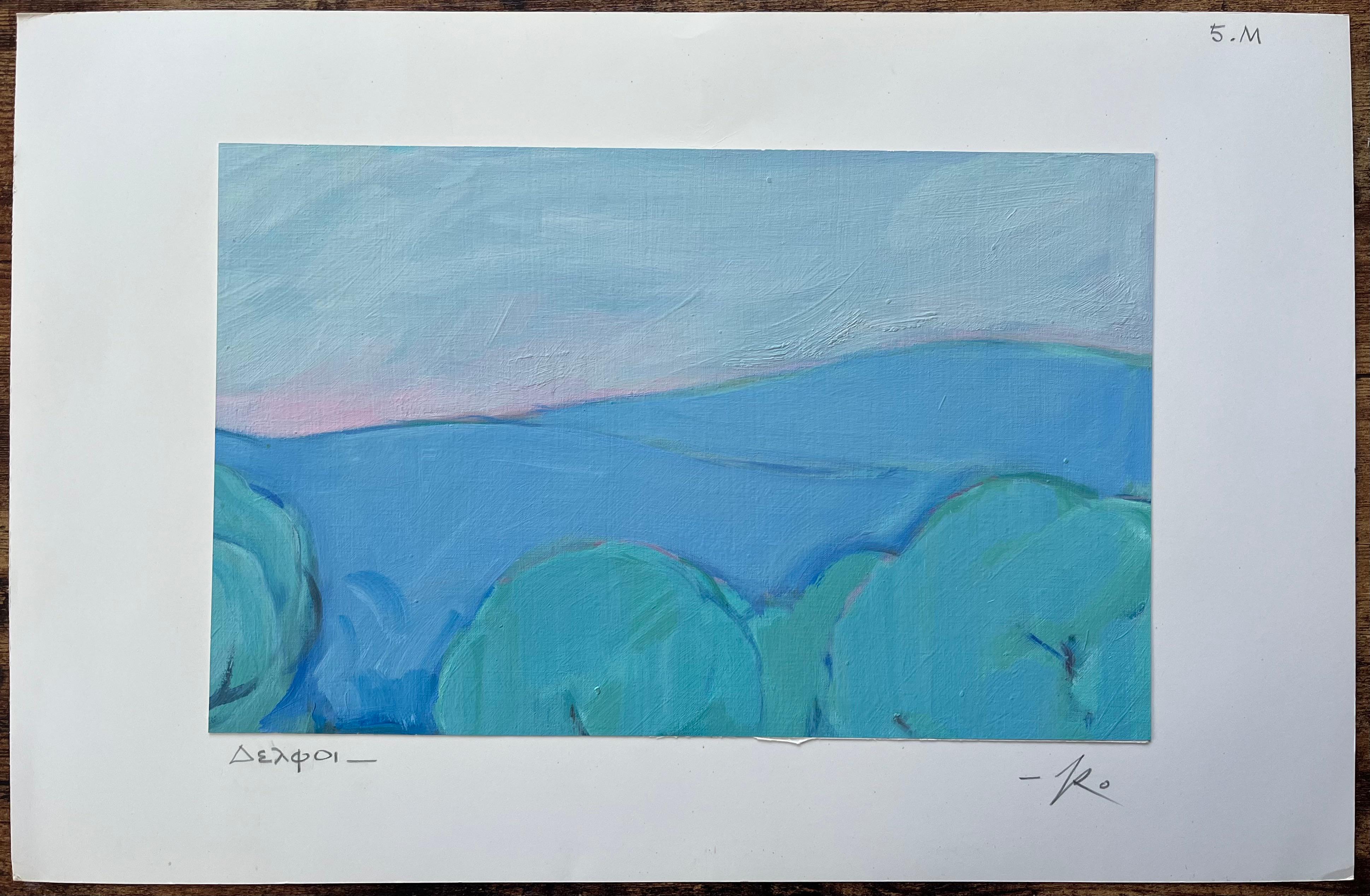 Pintura al óleo original de Vista serena de la montaña de Delfos, Grecia, con tonos azules - Painting de Roland Pichard