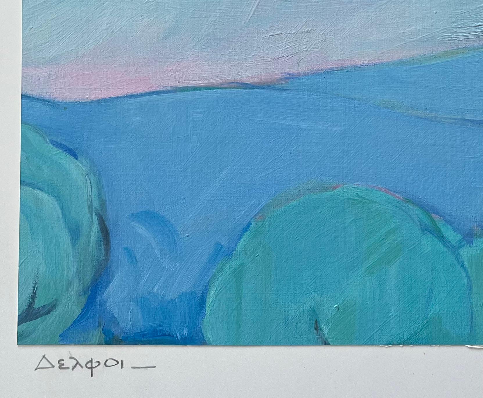 Pintura al óleo original de Vista serena de la montaña de Delfos, Grecia, con tonos azules - Painting Posimpresionista de Roland Pichard