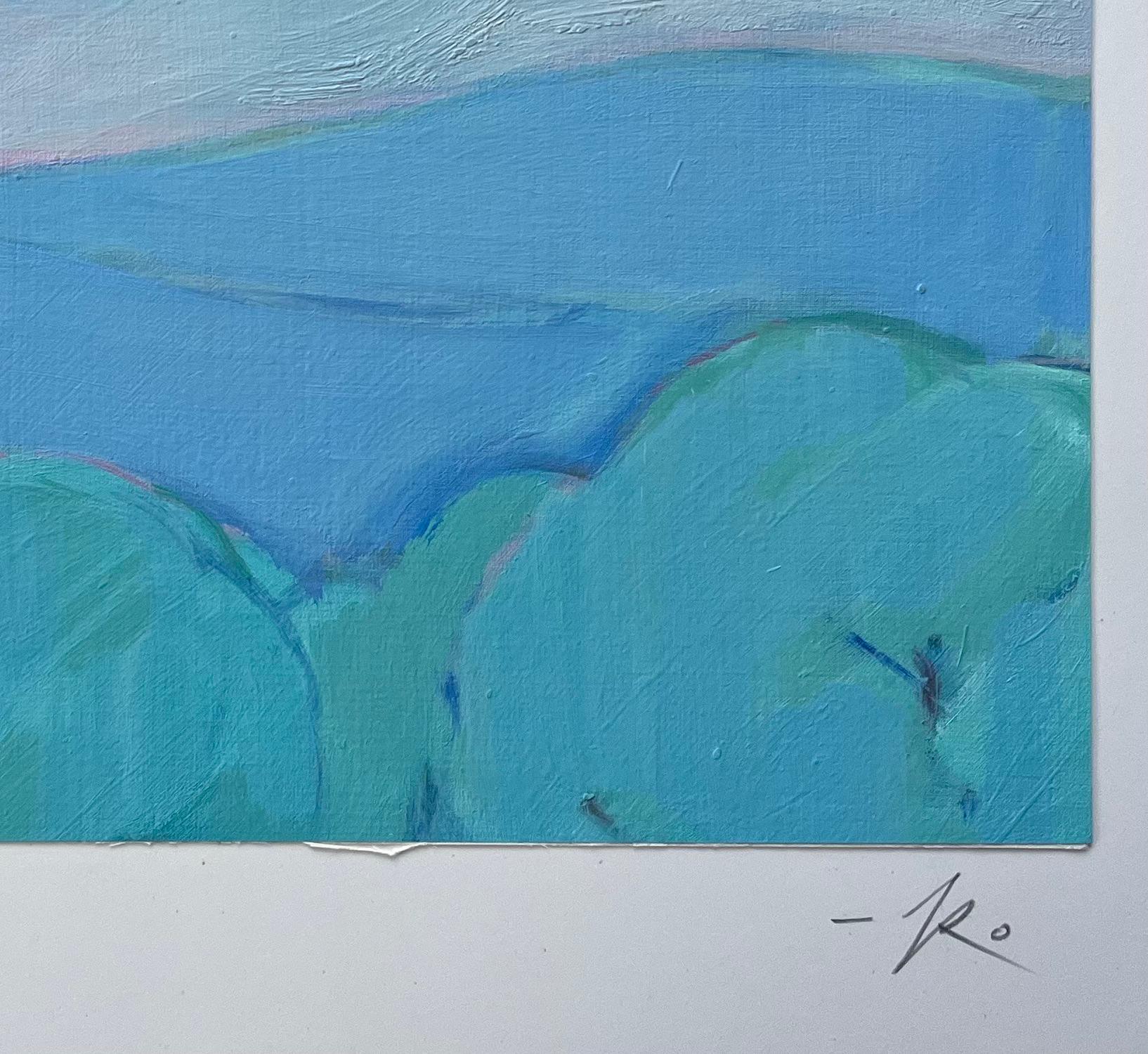 Pintura al óleo original de Vista serena de la montaña de Delfos, Grecia, con tonos azules - Landscape Painting Azul de Roland Pichard