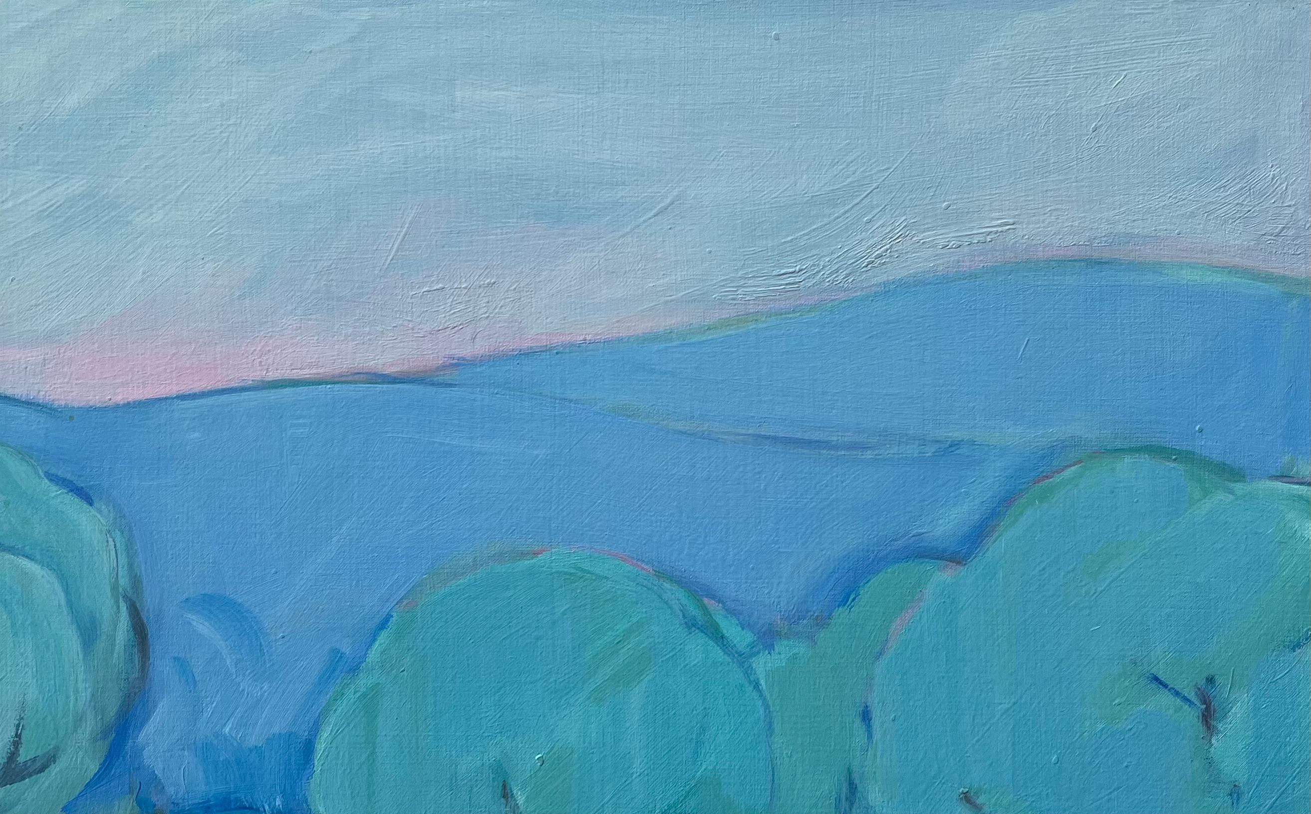 Landscape Painting de Roland Pichard - Pintura al óleo original de Vista serena de la montaña de Delfos, Grecia, con tonos azules
