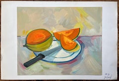 Original Oil Painting of Still Life with Melon Slices and Knife on a Plate