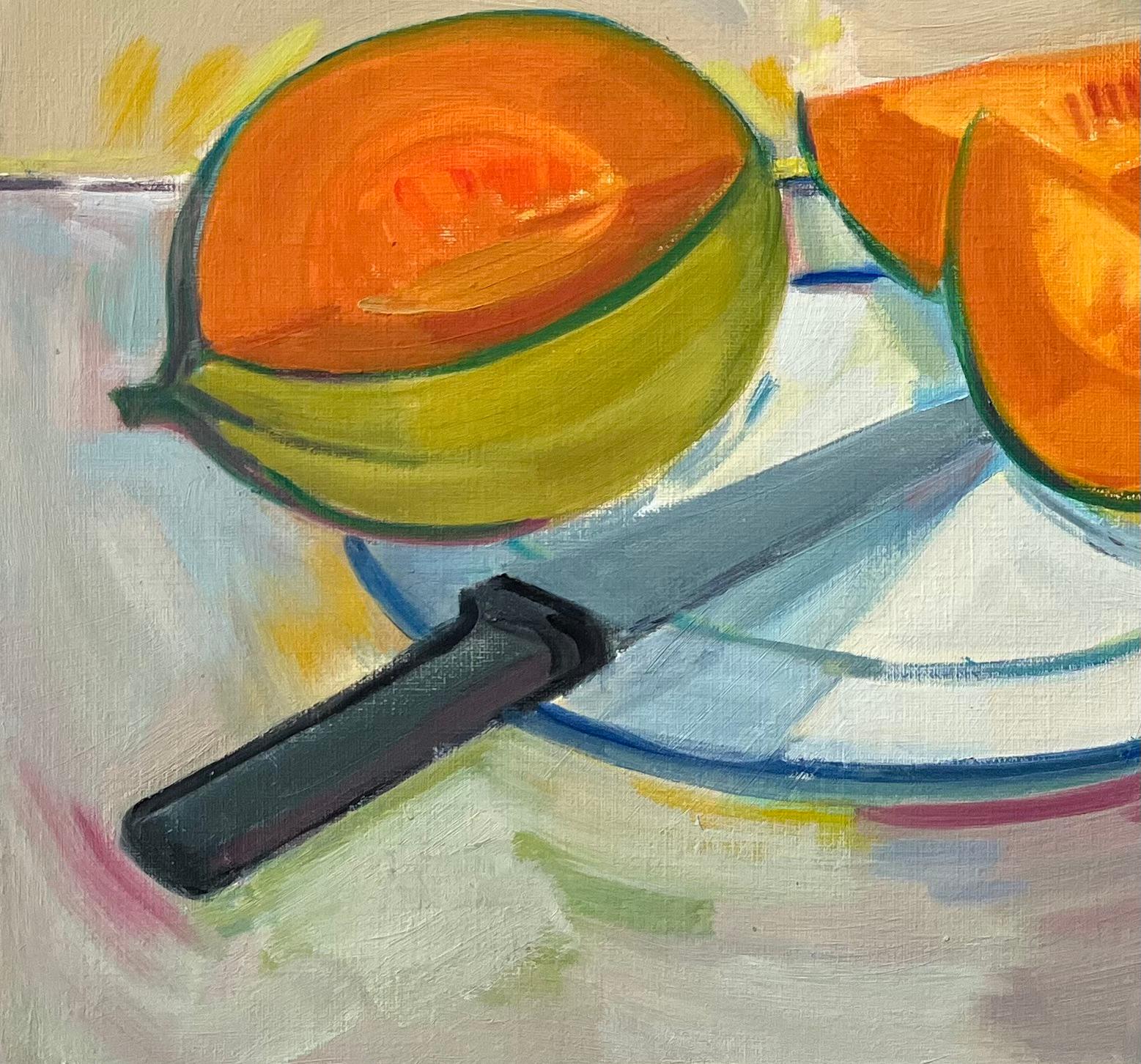 Pintura al óleo original de Bodegón con rodajas de melón y cuchillo en un plato - Painting Posimpresionista de Roland Pichard