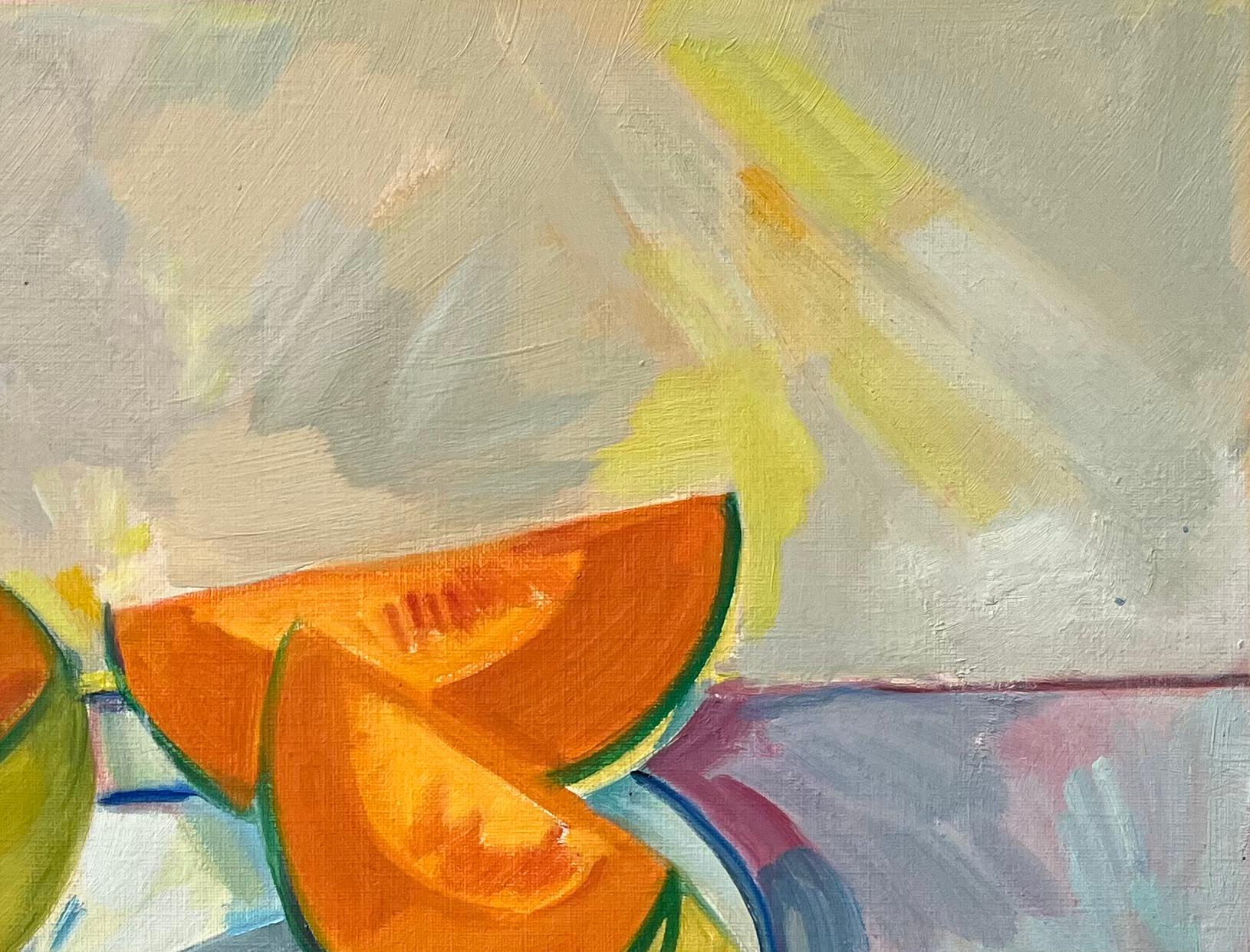 Pintura al óleo original de Bodegón con rodajas de melón y cuchillo en un plato - Still-Life Painting Marrón de Roland Pichard