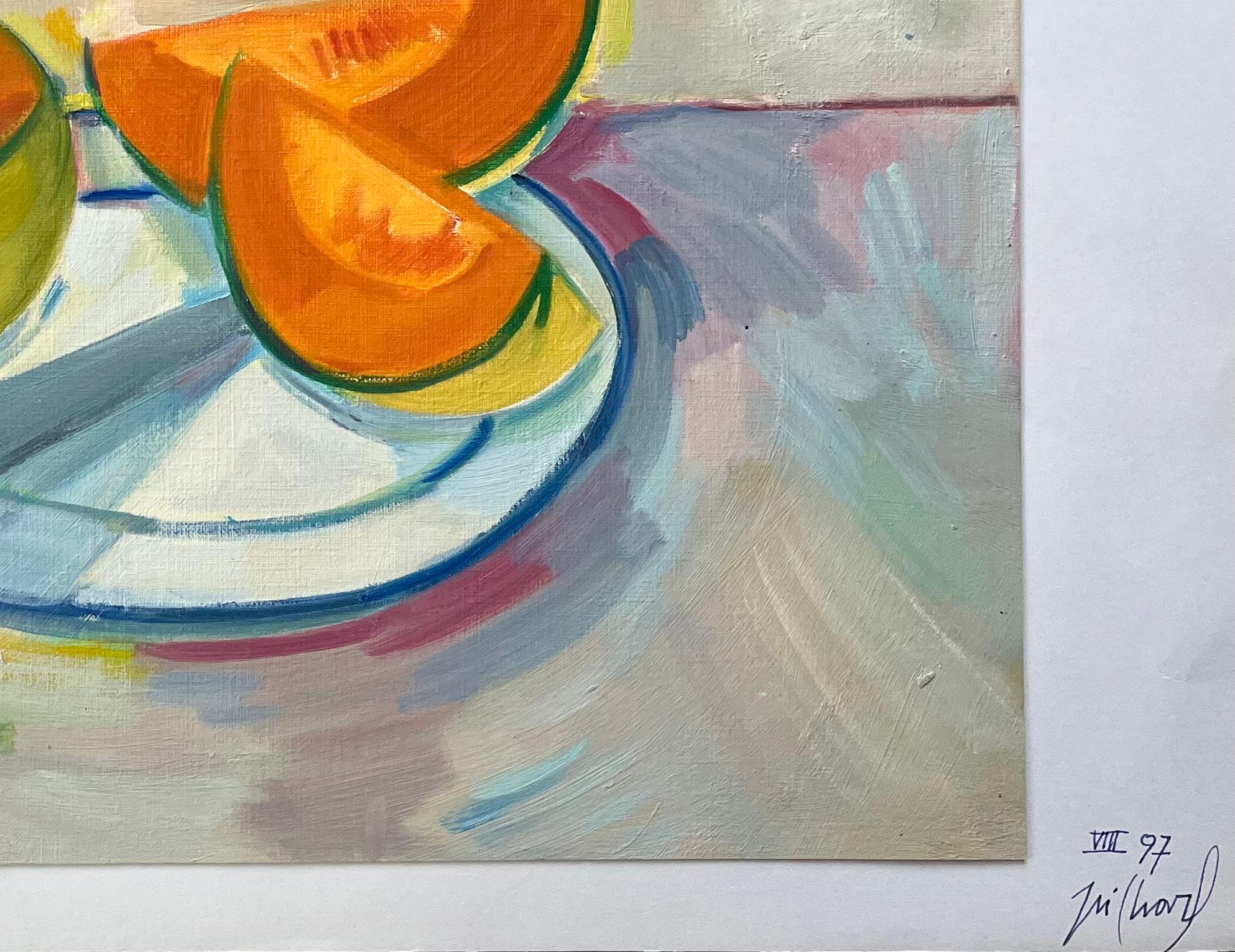 Título: Pintura al óleo original de Bodegón con rodajas de melón y cuchillo en un plato

Artista: Roland Pichard

Firmado: Abajo a la derecha

Técnica: Óleo sobre papel al óleo, montado sobre cartulina

Tamaño: 13 (alto) x 16 (ancho), (Incluido el
