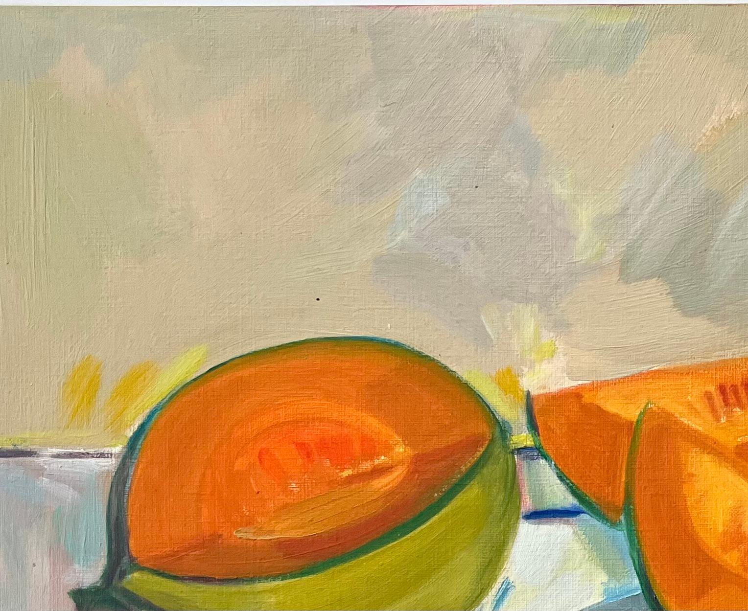Pintura al óleo original de Bodegón con rodajas de melón y cuchillo en un plato en venta 1