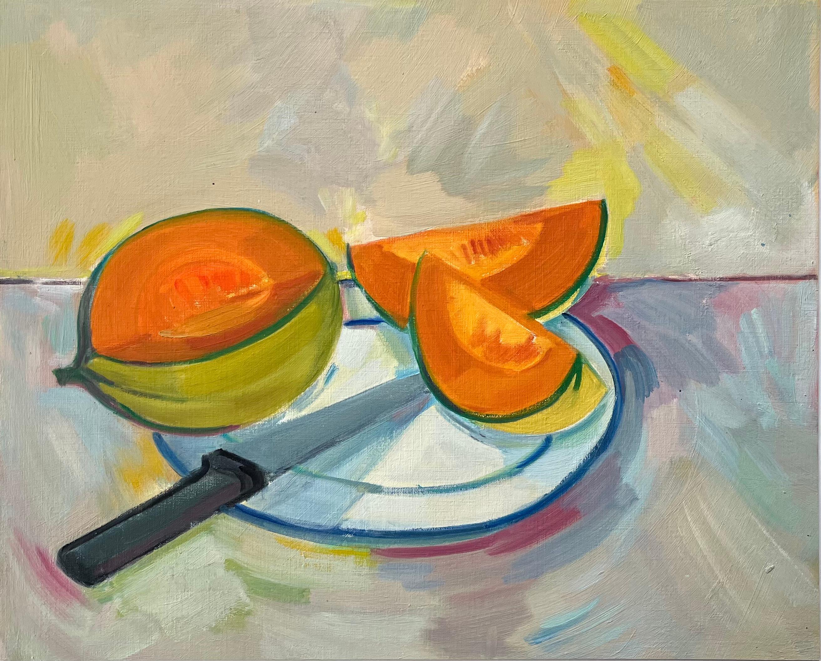 Still-Life Painting de Roland Pichard - Pintura al óleo original de Bodegón con rodajas de melón y cuchillo en un plato