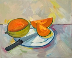 Peinture à l'huile originale d'une nature morte avec des tranches de melon et un couteau sur une assiette
