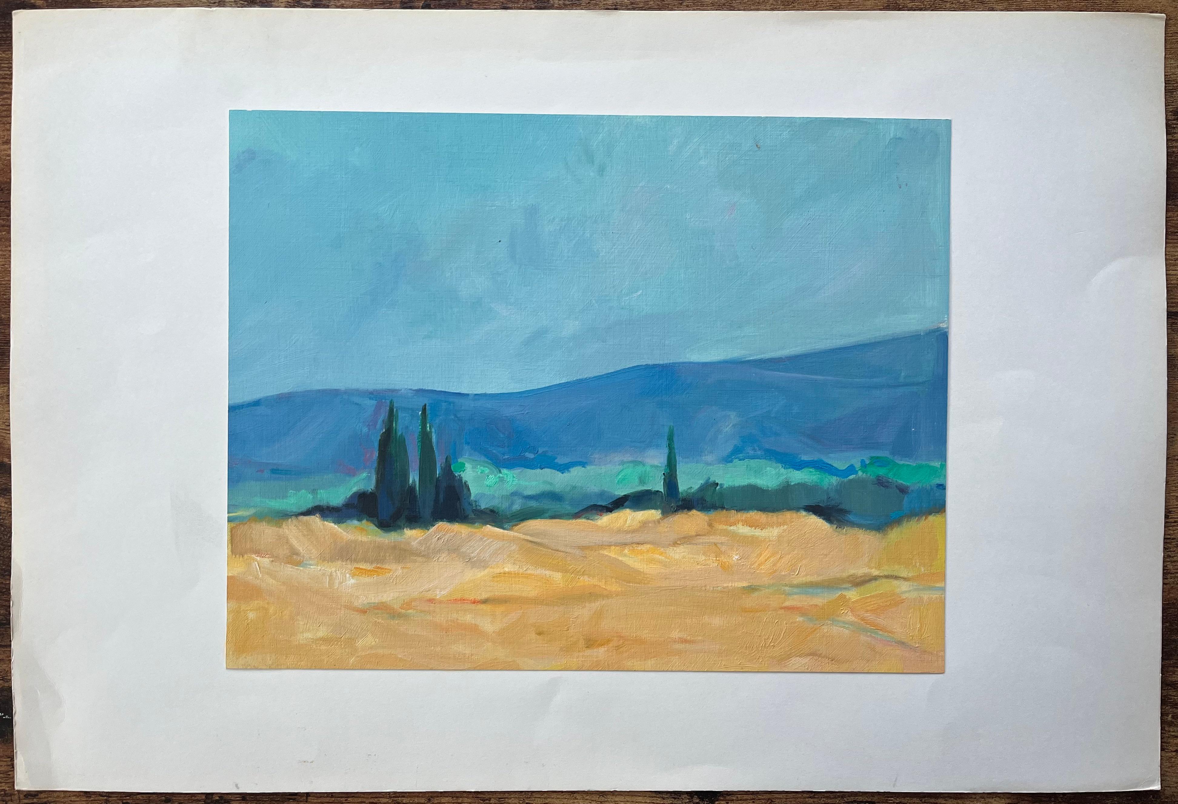Pintura al óleo original de Campos de trigo iluminados por el sol con cipreses - Painting de Roland Pichard