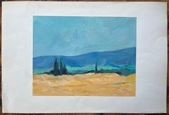 Original Oil Painting of Sunlit Wheat Fields with Cypress Trees