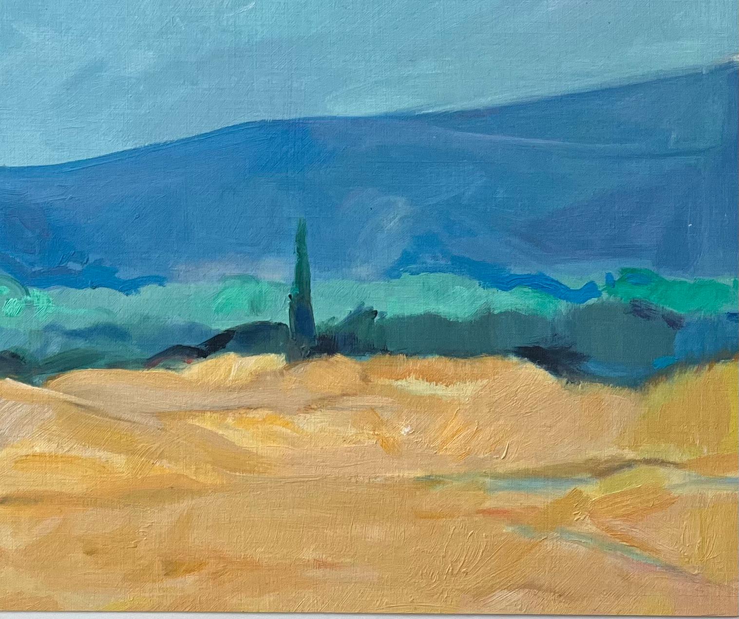 Pintura al óleo original de Campos de trigo iluminados por el sol con cipreses - Landscape Painting Gris de Roland Pichard