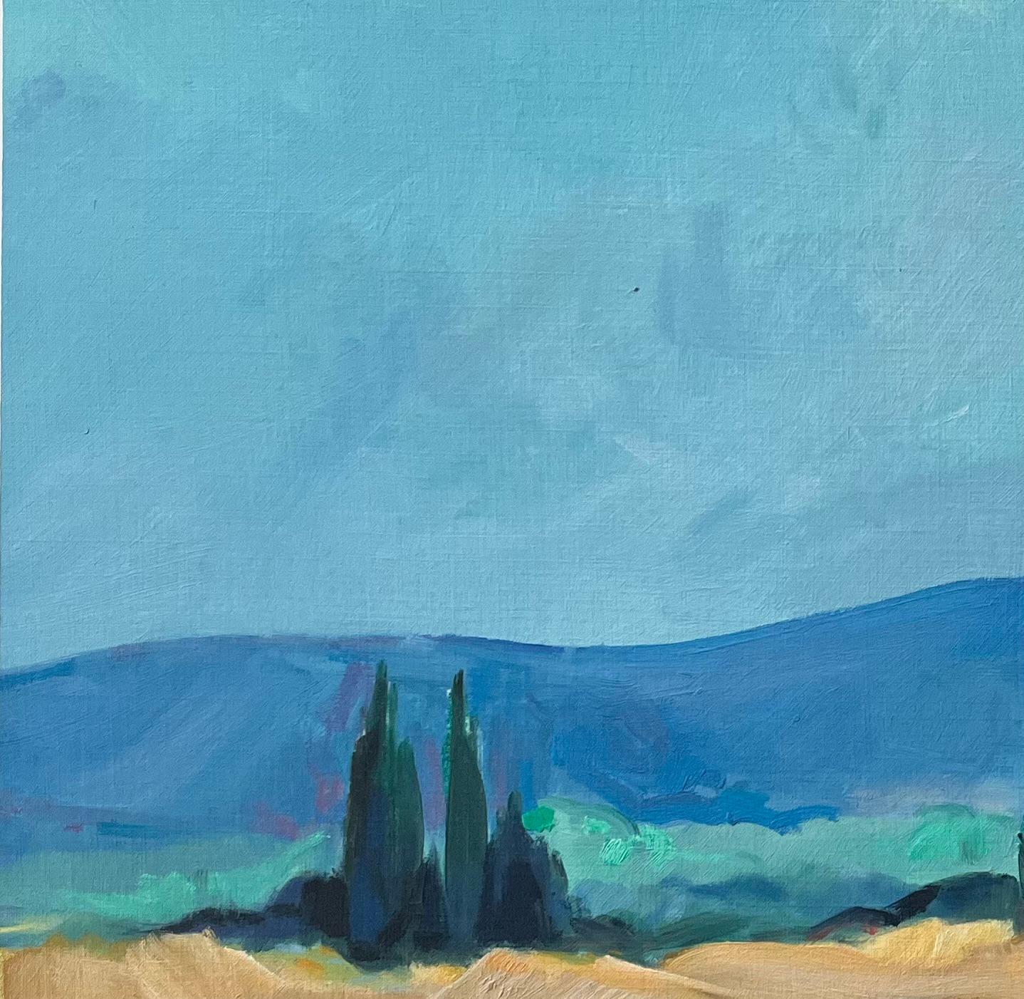 Pintura al óleo original de Campos de trigo iluminados por el sol con cipreses en venta 1