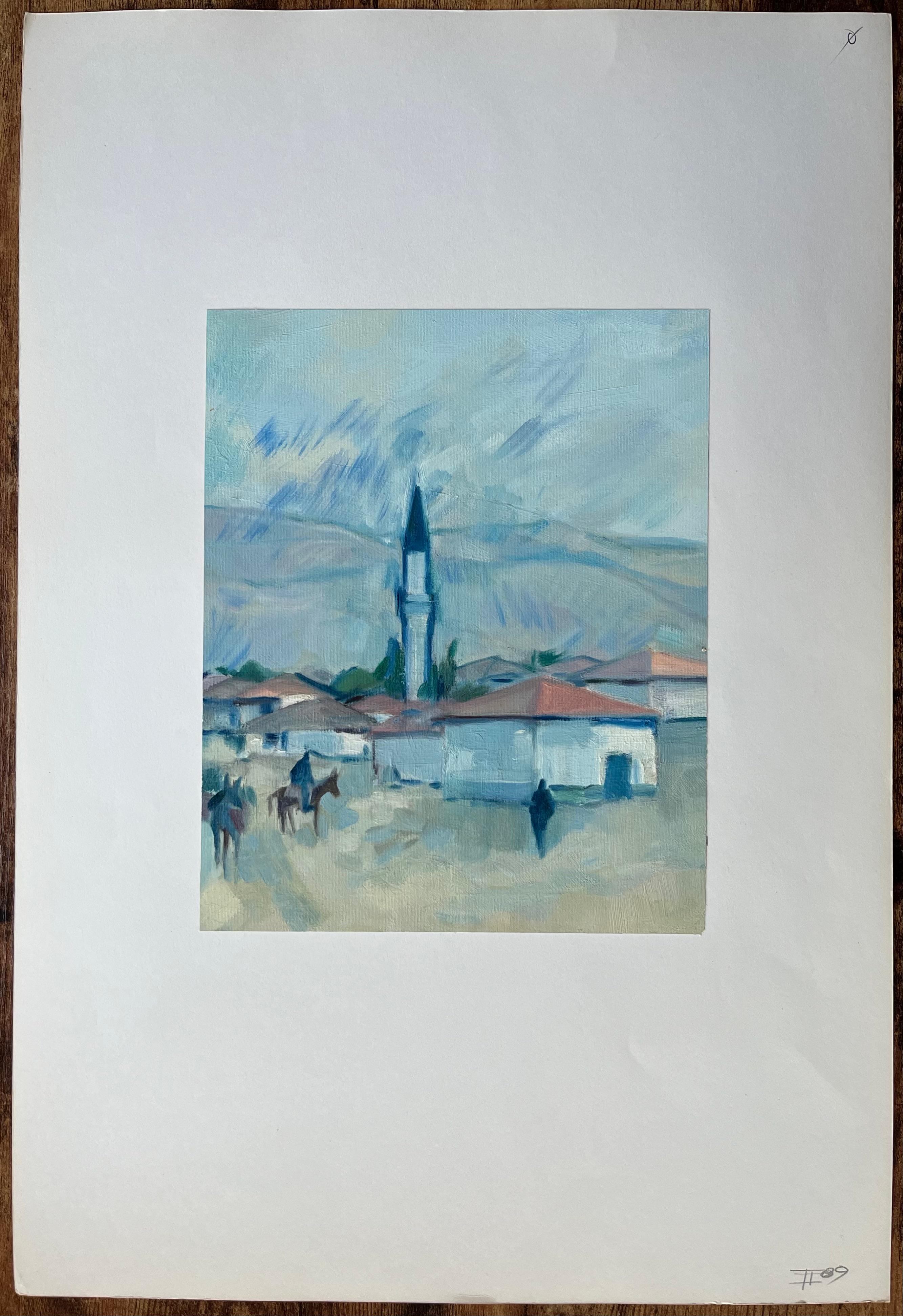 Pintura al óleo original de Paisaje urbano con minarete y figuras a caballo - Painting Posimpresionista de Roland Pichard