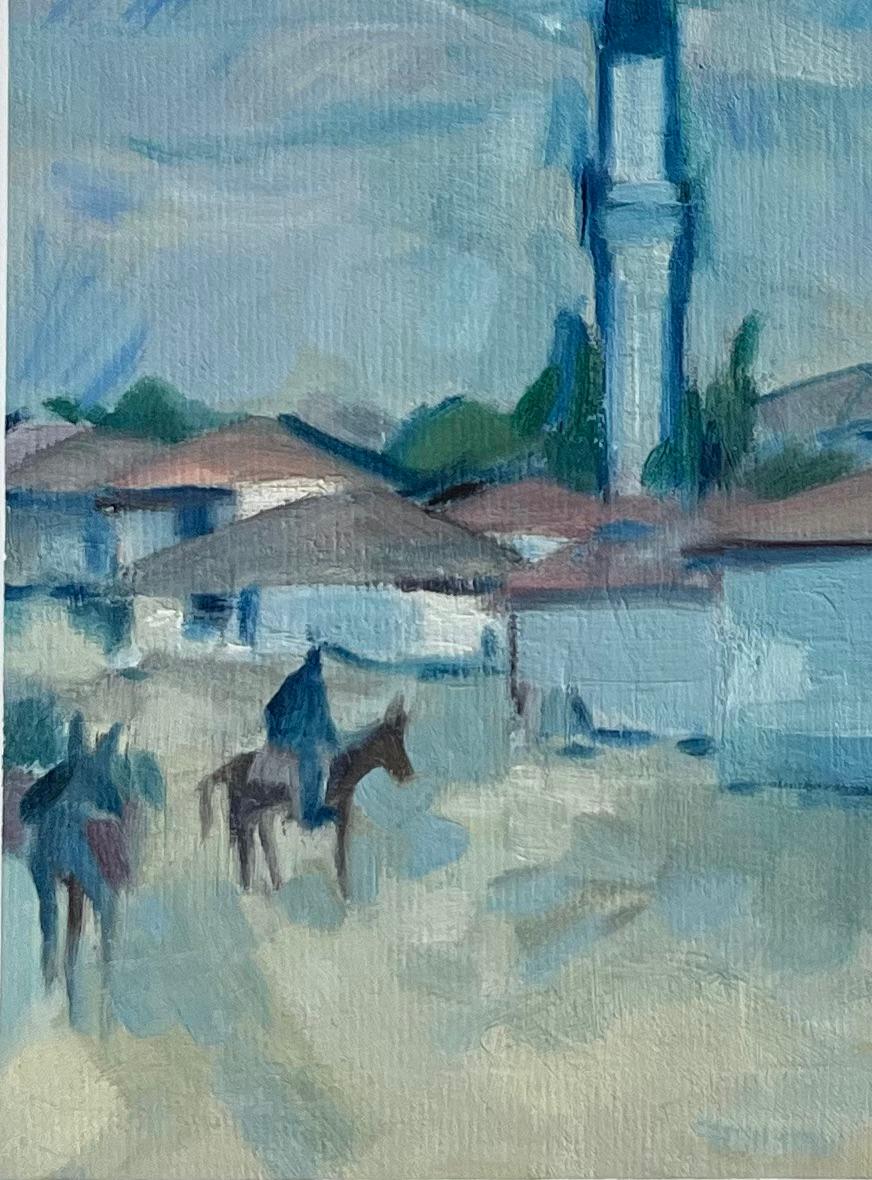 Pintura al óleo original de Paisaje urbano con minarete y figuras a caballo - Abstract Painting Gris de Roland Pichard
