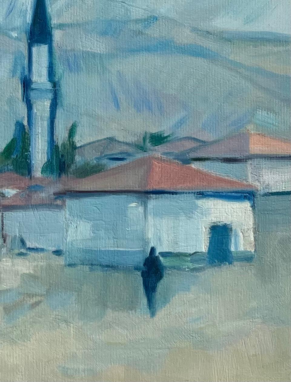 Pintura al óleo original de Paisaje urbano con minarete y figuras a caballo en venta 1