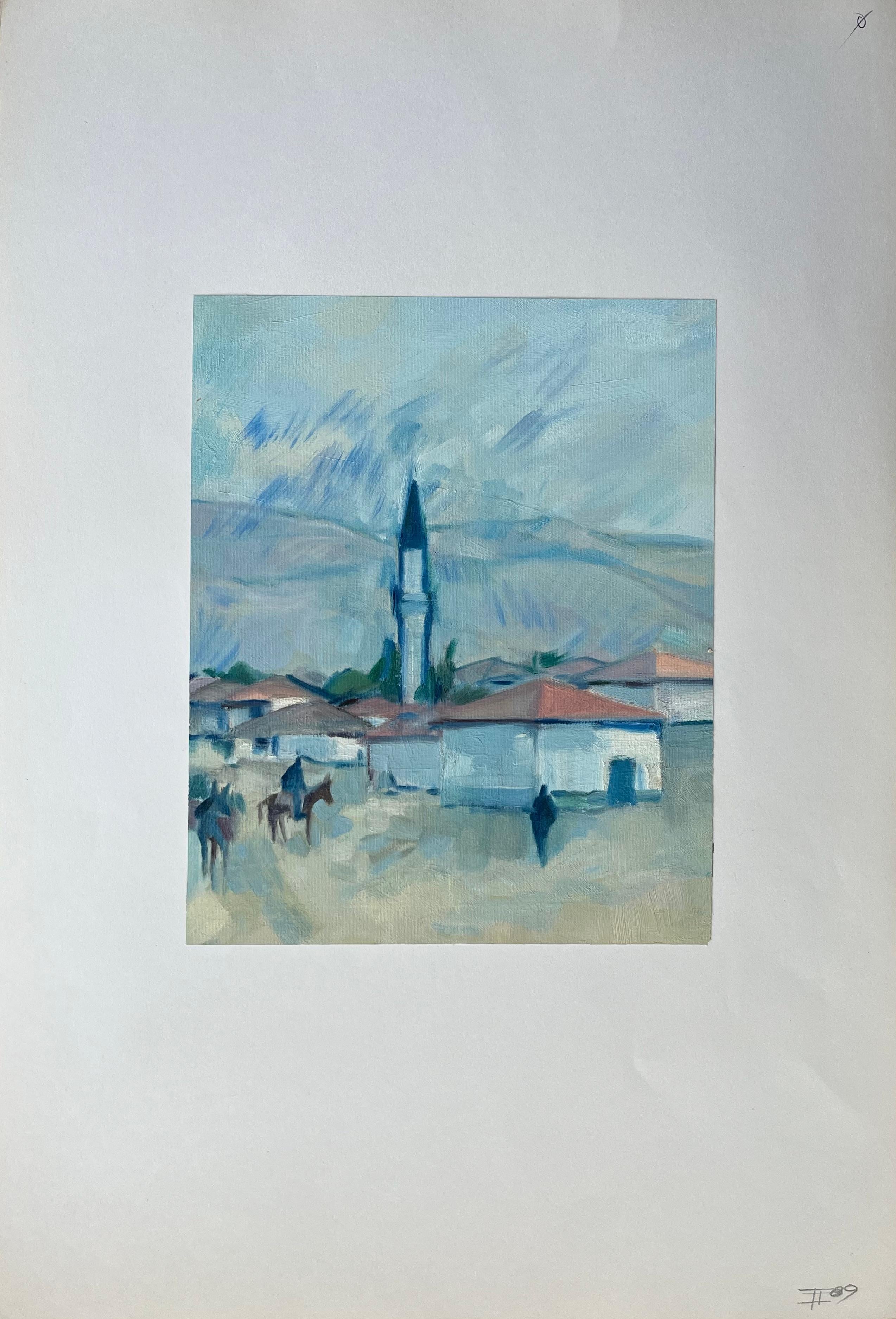 Pintura al óleo original de Paisaje urbano con minarete y figuras a caballo - Painting de Roland Pichard