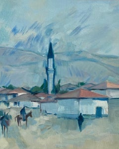 Peinture à l'huile originale d'un paysage urbain avec Minaret et personnages à cheval