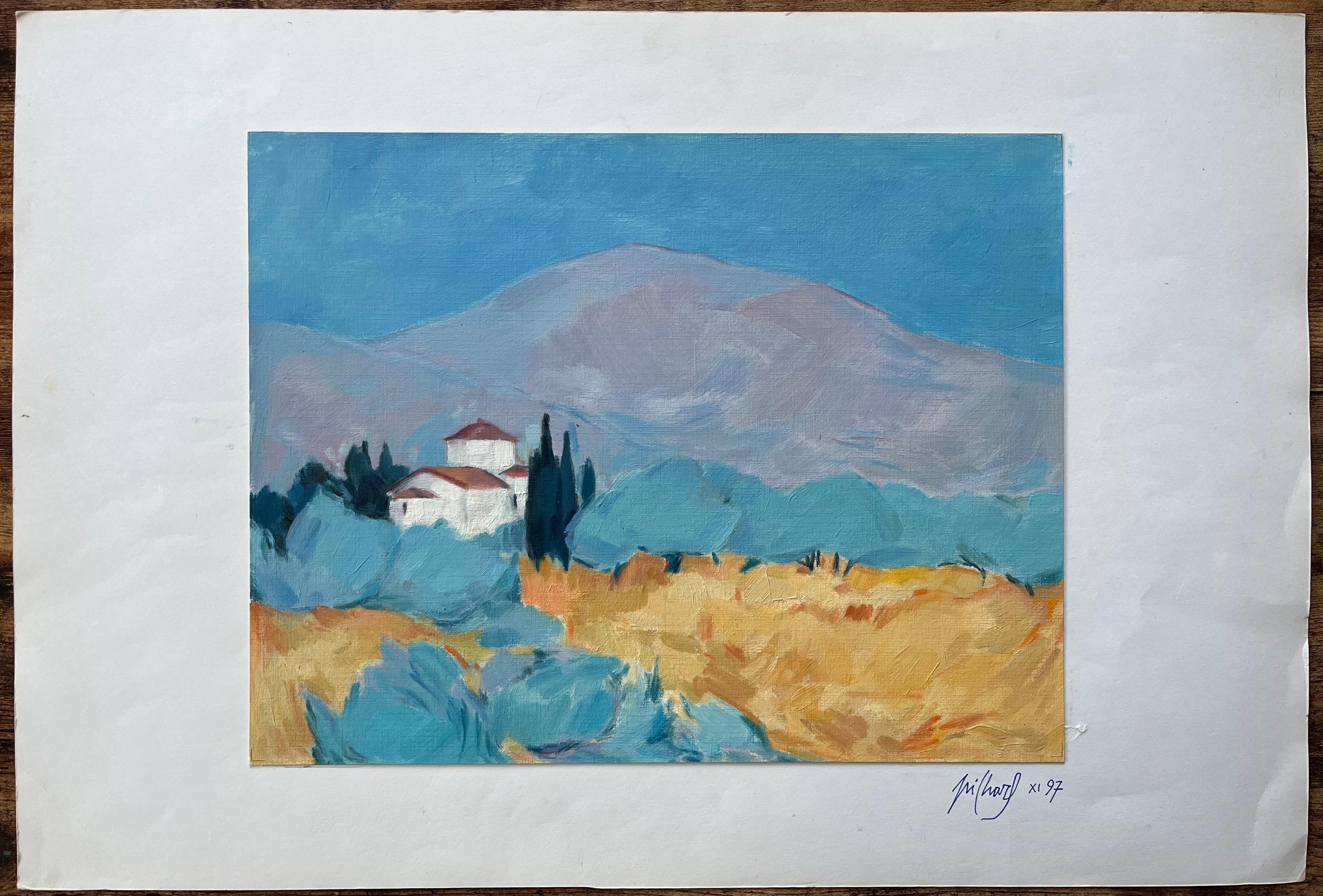 Pintura al Óleo Original de Paisaje Griego Tranquilo con Villa y Cipreses - Painting Posimpresionista de Roland Pichard