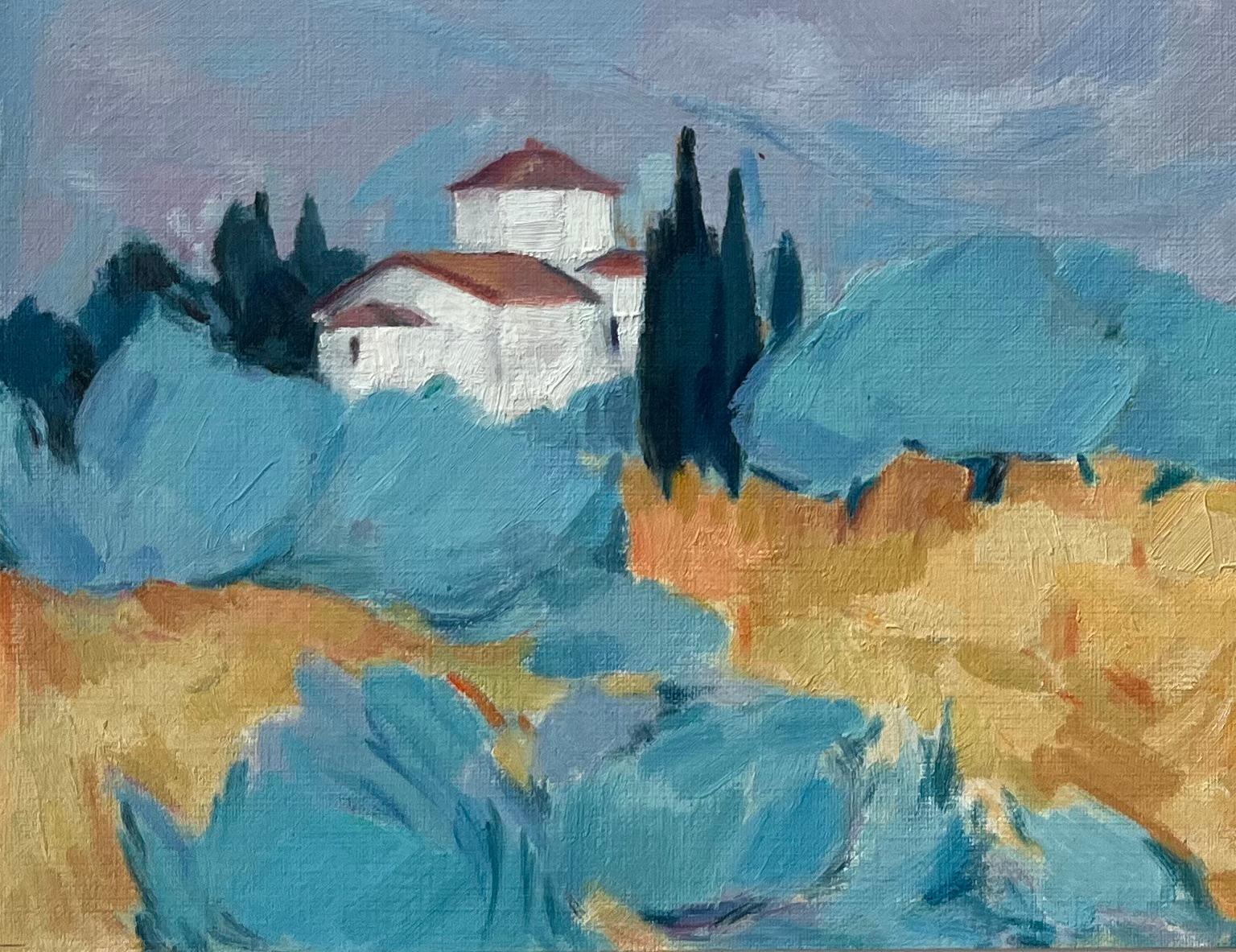 Pintura al Óleo Original de Paisaje Griego Tranquilo con Villa y Cipreses - Abstract Painting Gris de Roland Pichard